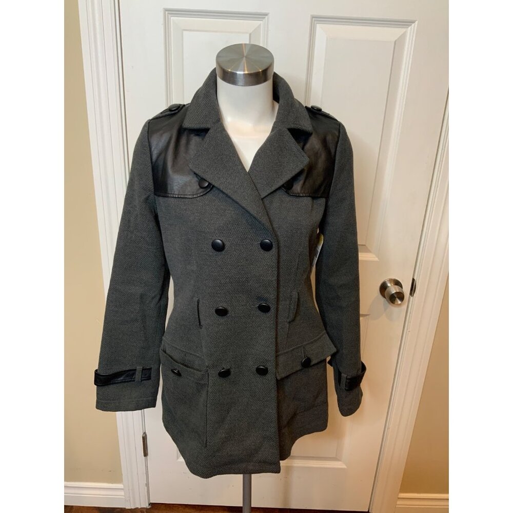 Tulle Gray Double Breasted Coat W/ Faux Leather Trim,  Size S